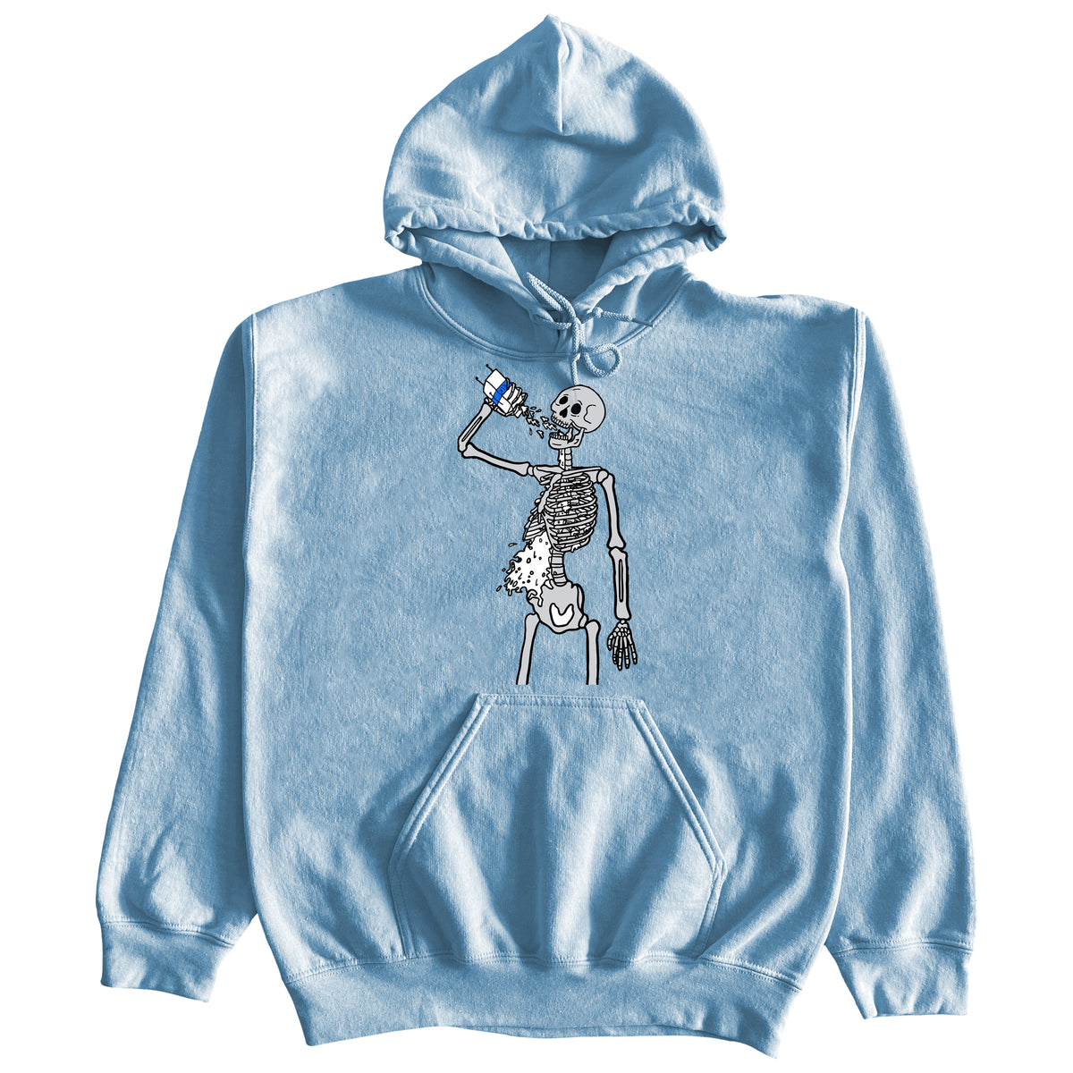 Skeleton in blue store hoodie